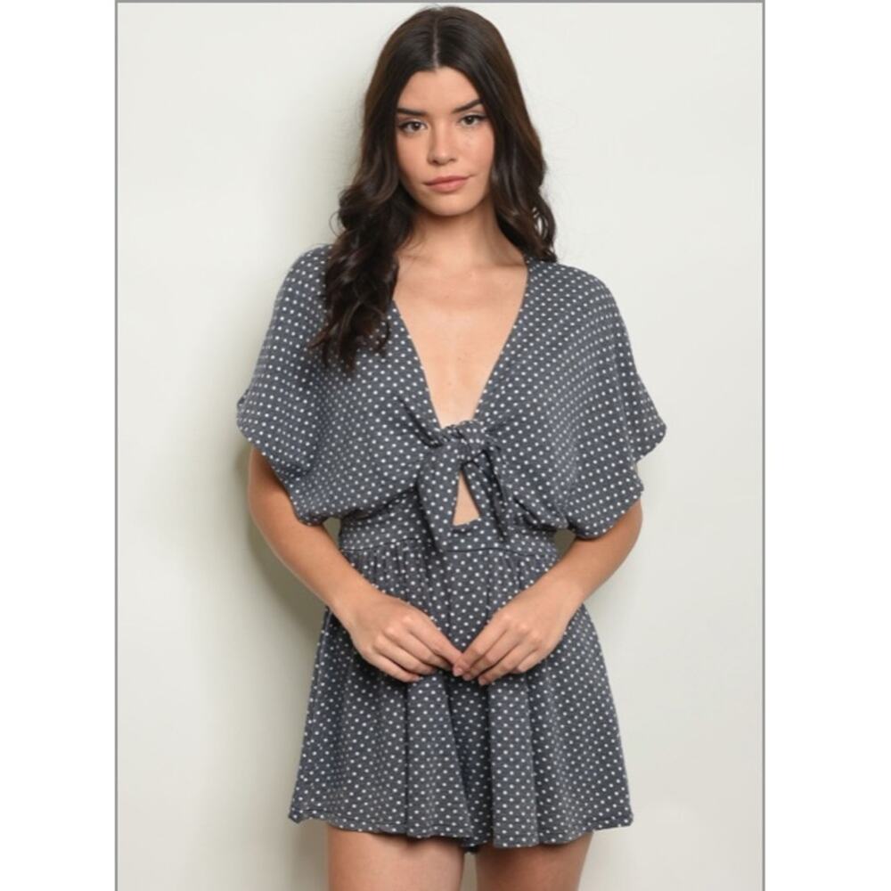Retro Polka Dot Blue/Grey Tie Front Romper